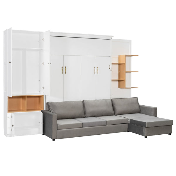 English Elm Queen Murphy Wall Bed with Velvet Sofa Built in Shelves Cabinets and Reading Lights White LP000393AAK