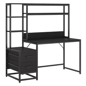 English Elm Office Writing Desk with Hutch Rustic Veneer Top Black Metal Frame Industrial Storage T3971P461381