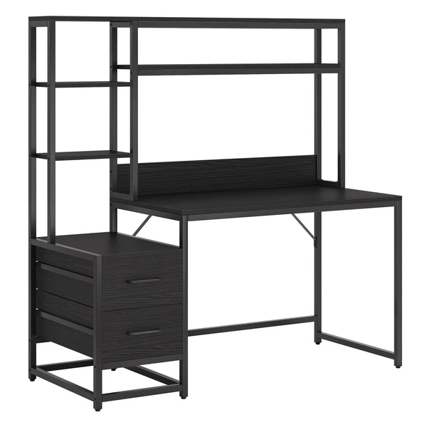 English Elm Office Writing Desk with Hutch Rustic Veneer Top Black Metal Frame Industrial Storage T3971P461381