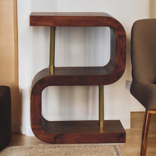 English Elm Solid Wood S-Curve Brass Bedside Table – Handcrafted Mango Wood With Elegant Chestnut Finish & Storage B182P249270-GIGA