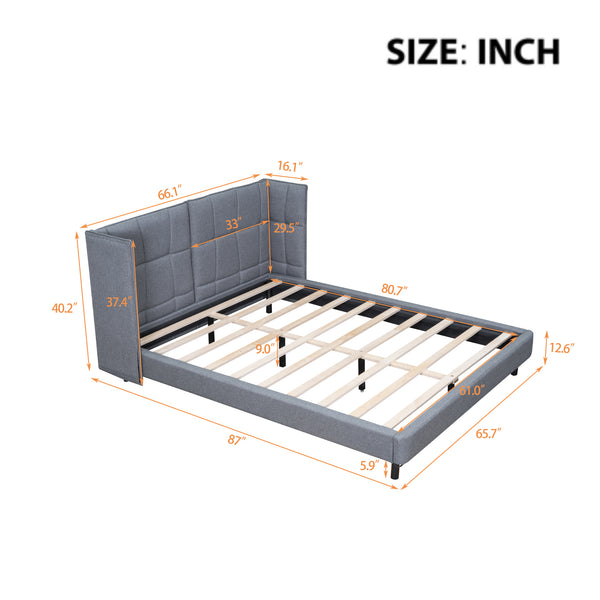 English Elm Queen Upholstered Platform Bed with LED Lights, U-Shaped Headboard, Linen Fabric, Sturdy Metal Legs Gray SF000151AAE