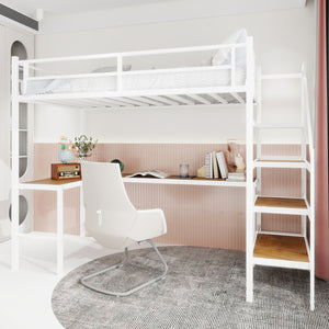 English Elm Loft Bed with L-shaped Desk Stair Storage and Full Guardrail Iron Frame White W1935S00008