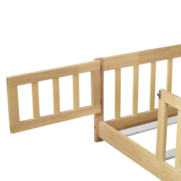 English Elm Queen Floor Bed with Safety Fence and Guardrails, Rubberwood Low Profile Platform for Kids Natural W504P286389