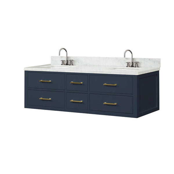English Elm Blue Double Bath Vanity 60" W x 22" D with Carrara Marble Top, Chrome Gooseneck Faucets, Soft-Close Cabinets B2731P258046