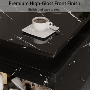 English Elm Coffee Table with Led Lighting Bluetooth Speaker Wireless Charging and Faux Marble Top Black T3773P415725