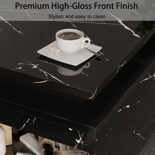 English Elm Coffee Table with Led Lighting Bluetooth Speaker Wireless Charging and Faux Marble Top Black T3773P415725