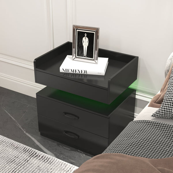 English Elm 1 Nightstand with Remote LED Strip Light, Two Drawers and Spacious Storage for Cozy Ambient Bedrooms Black W368P239006