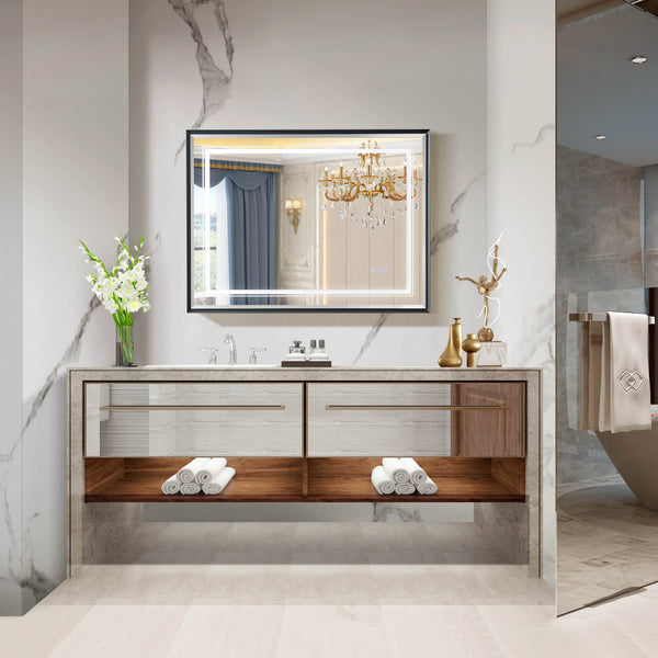 English Elm 40*30inch LED Bathroom Mirror with Beveled Edge, Front & Backlit 3-Color Dimmable IP54 Anti-Fog Grey W2091P214096