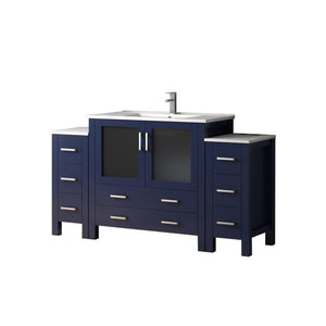 English Elm Navy Blue Single Bath Vanity With White Ceramic Top, Side Cabinets, And Complete Faucet Set, 60" W B2731S01208
