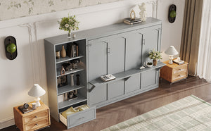 English Elm Queen Murphy Bed with Built-In Shelves, Height-Adjustable Storage & Drawer for Small Spaces Gray 71.6 L x 21.5 W x 6.1 H N733S309223E