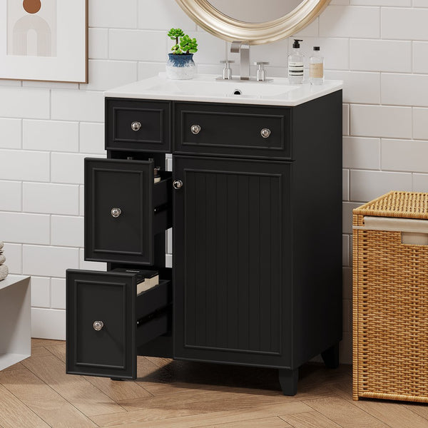 English Elm 24-Inch Bathroom Vanity Cabinet with Ceramic Sink, Space-Saving Storage, Solid Wood Feet, Durable Finish Black WF532034AAB