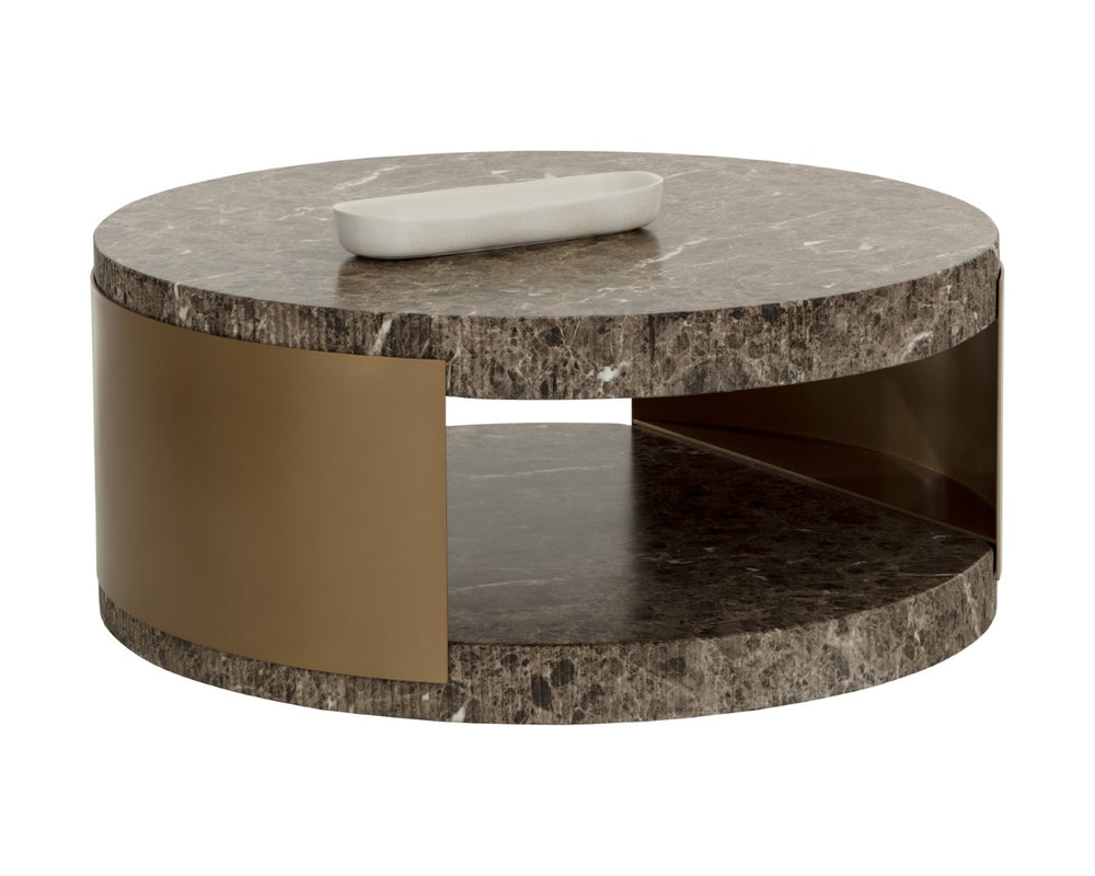 Sunpan CAVETTE Coffee Table - Elegant Dark Emperador Marble Look with Brass Frame for Modern Living Rooms 112634