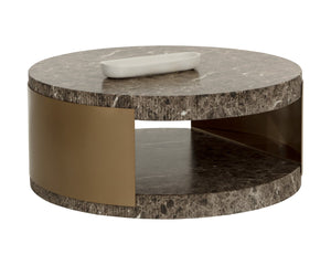 Sunpan CAVETTE Coffee Table - Elegant Dark Emperador Marble Look with Brass Frame for Modern Living Rooms 112634