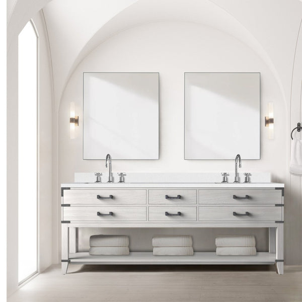 English Elm White Oak Double Bath Vanity Set: 84" W X 22" D With White Quartz Top, Faucets & 36" Mirrors Included B2731S01918-GIGA