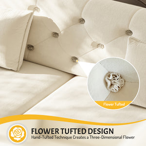 English Elm 74.4" Queen Velvet Sleeper Sofa Artisan Floral Tufted Cushions Converts for Guest Rooms Beige+White W1885S00304