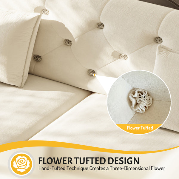 English Elm 74.4" Queen Velvet Sleeper Sofa Artisan Floral Tufted Cushions Converts for Guest Rooms Beige+White W1885S00304