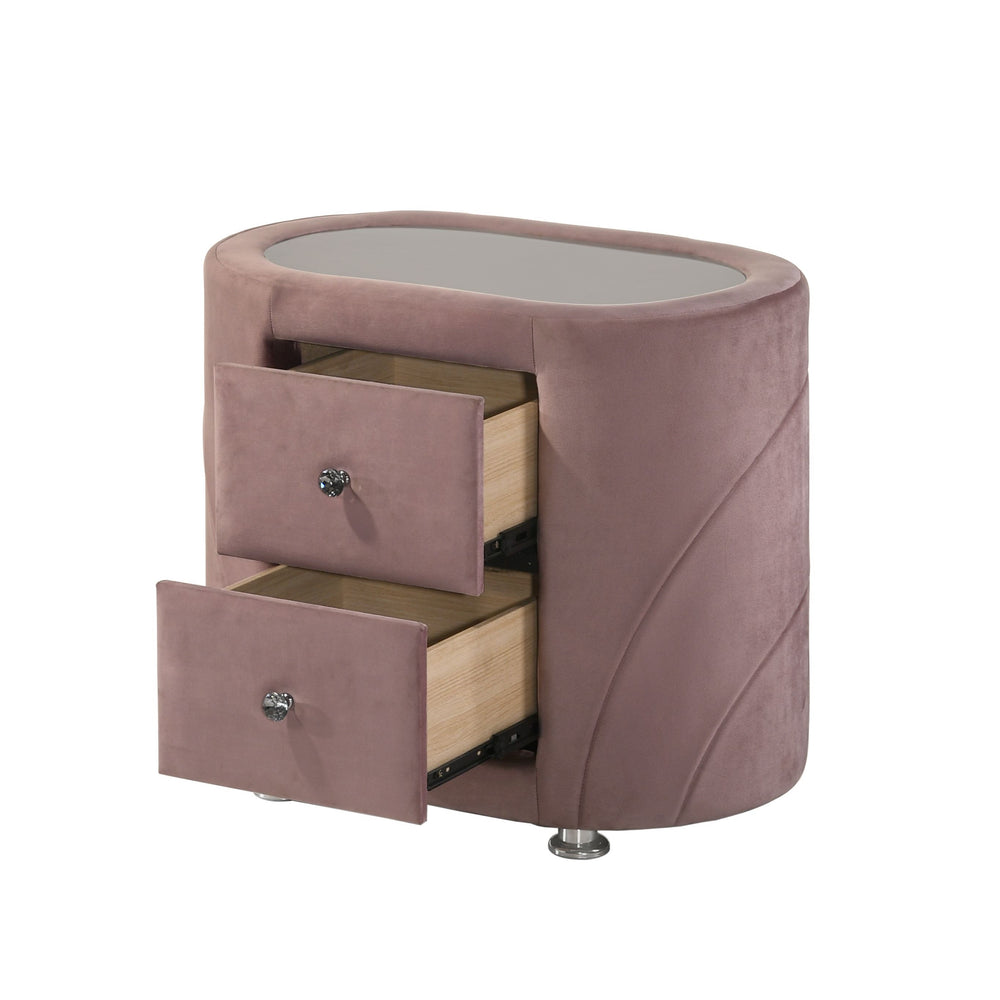 English Elm 1pc Pink Velvet Nightstand with Sandblasted Glass Top, Art Deco Two Drawers, Chrome Legs - Luxurious Bedroom Accent B2741P321723
