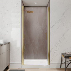 English Elm 34-36 in Frameless Pivot Shower Door Clear Tempered Glass with Brushed Gold Hardware W637P400612