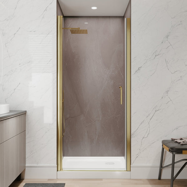 English Elm 34-36 in Frameless Pivot Shower Door Clear Tempered Glass with Brushed Gold Hardware W637P400612