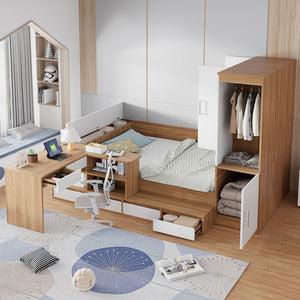 English Elm Full Size Wooden Platform Bed With 6 Drawers, Desk, Shelves & Wardrobe - Stylish Natural Finish N820S00060N