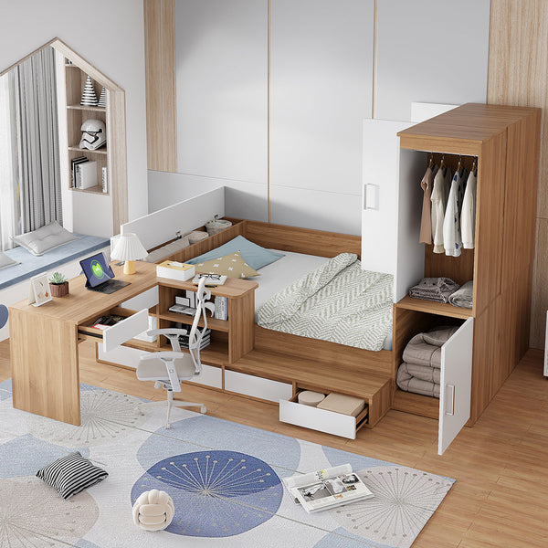 English Elm Full Size Wooden Platform Bed With 6 Drawers, Desk, Shelves & Wardrobe - Stylish Natural Finish N820S00060N