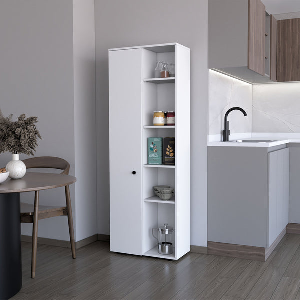 English Elm FM FURNITURE Harman Multistorage Pantry Cabinet White - 1 Door, 5 Open Shelves, Sturdy Short Legs, Modern Kitchen Organizer B128P321072