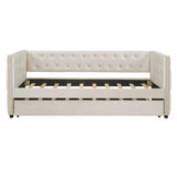 English Elm Twin Size Tufted Upholstered Daybed With Trundle, Velvet Sofabed With Rivet Design, No Box-Spring Needed,Beige