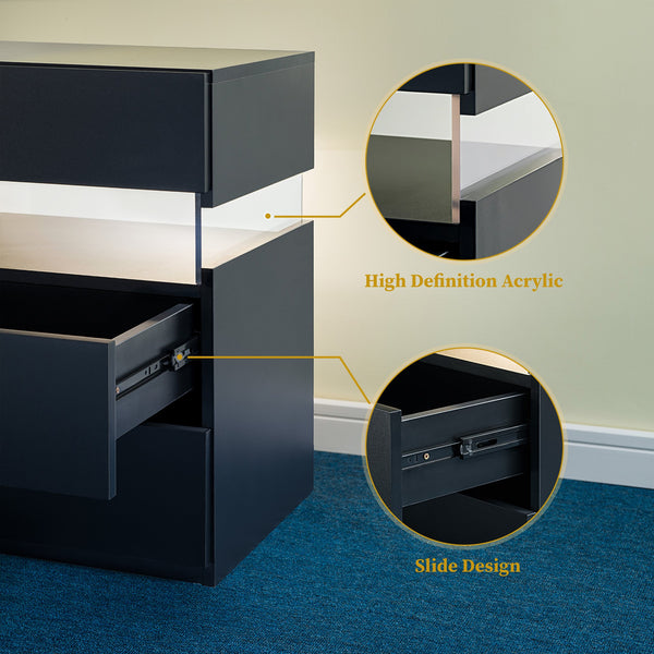 English Elm Led Nightstand with Rgb Acrylic Glow Panel Three Drawers Walnut Bedroom Table Black W2178P412306