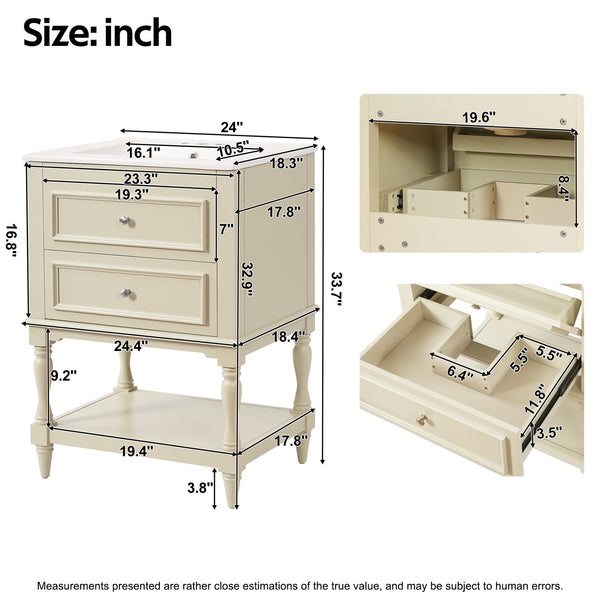 English Elm 24'' Retro Bathroom Vanity Mdf Cabinet with Ceramic Sink Open Shelf and 2 Drawers Beige N710P405414Y