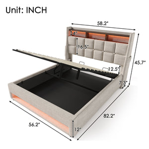 English Elm Full Upholstered Platform Bed with Hydraulic Storage, LED Lighting, USB Ports, Linen Wood Metal Design Natural AA20690708B
