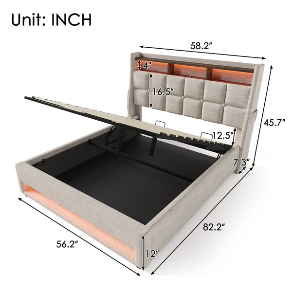 English Elm Full Upholstered Platform Bed with Hydraulic Storage, LED Lighting, USB Ports, Linen Wood Metal Design Natural AA20690708B