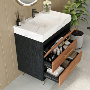 English Elm Modern Freestanding Vanity with Vessel Sink Sintered Stone Top and Gold Steel Legs W3136S00053