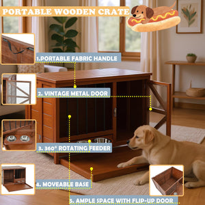 English Elm 43" Solid Pine Dog Crate End Table with Walnut Finish and Rotating Feeder Bowl N843P322022W