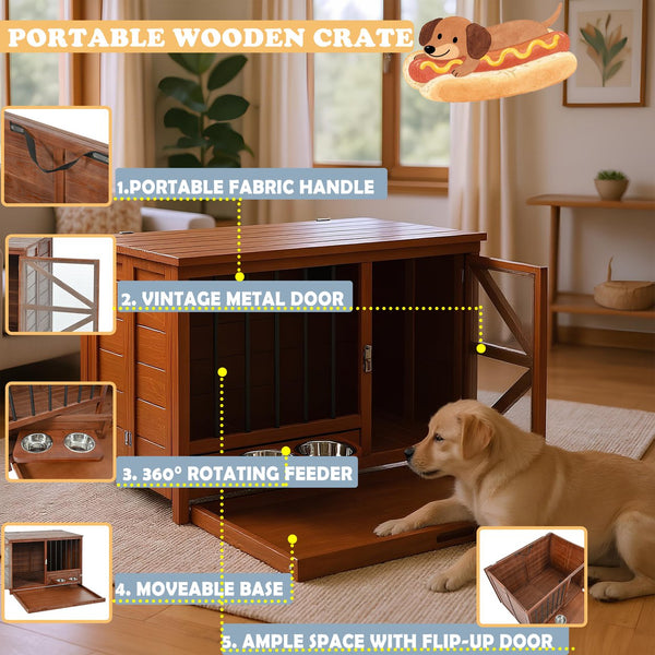 English Elm 43" Solid Pine Dog Crate End Table with Walnut Finish and Rotating Feeder Bowl N843P322022W