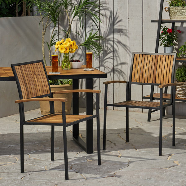 English Elm Christopher Knight Home® - BRIDGET Acacia Wood and Metal Dining Chair Set of 2 — Weather-Resistant Vertical Slat Design, Durable Teak+ Black 63338.00