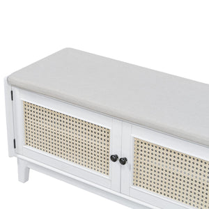 English Elm Trexm Bohemian Rattan Storage Bench Cushioned Seat Shoe Cabinet for Entryway Beige,White N715P308012K