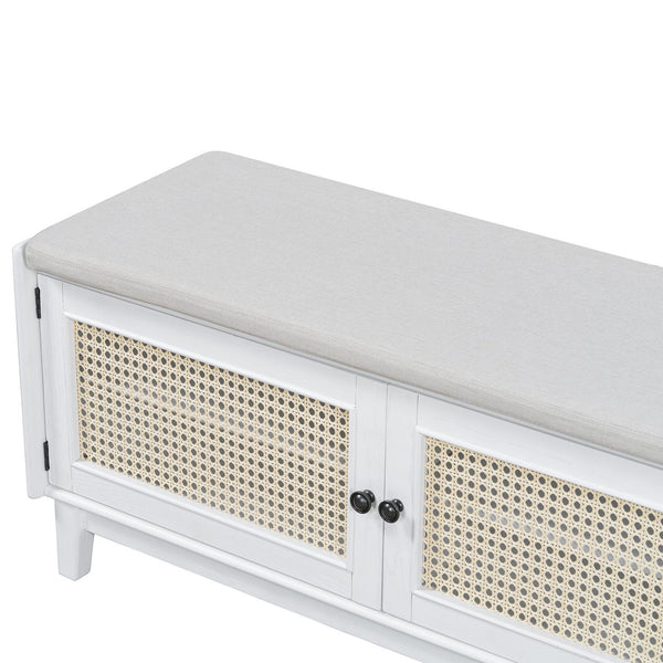 English Elm Trexm Bohemian Rattan Storage Bench Cushioned Seat Shoe Cabinet for Entryway Beige,White N715P308012K