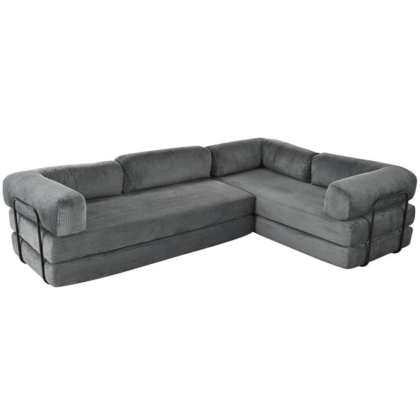 English Elm U_style Modular Corduroy Sectional Sofa Converts to Guest Bed for Apartment Living Grey WY000463AAE