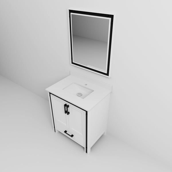 English Elm White Bath Vanity 30 in. W x 22 in. D with White Quartz Top, Soft-Close Drawer, 28 in. Mirror Included B2731S00802