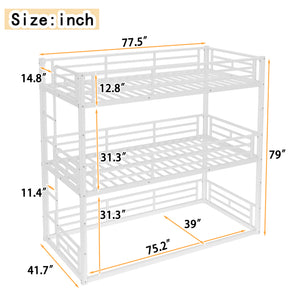 English Elm Twin Triple Metal Bunk Bed Matte Powder Coated Frame with Full Safety Guardrails Light White W1580S00579