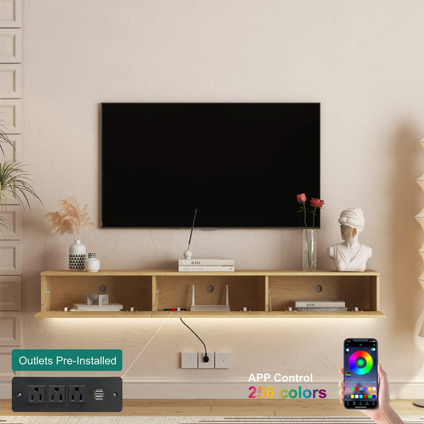 English Elm Floating LED TV Stand Wall Mounted with 16-Color Ambience, Modern Floating Cabinet with Ample Storage for 55–65" TVs Wood 74.8 L x 17.52 W x 5.51 H W1321P300553