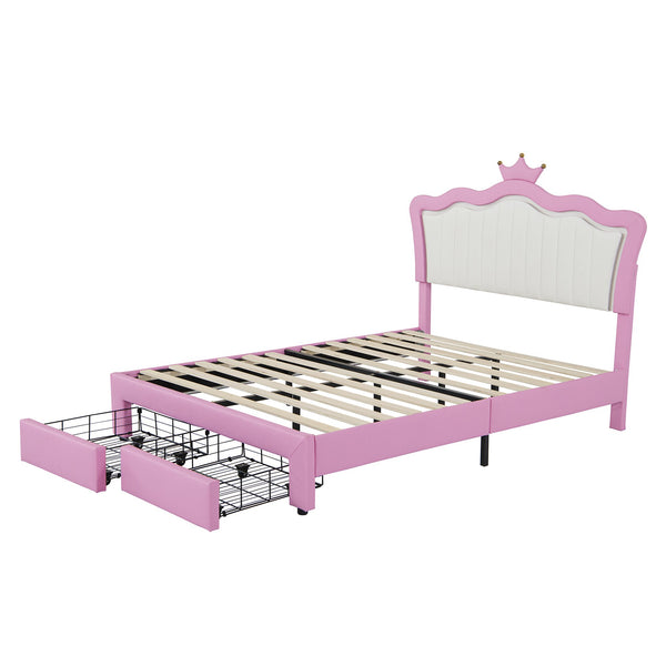 English Elm Full Size Upholstered Bed Frame With Led Lights – Chic Pink Princess Design, Crown Headboard & Storage Drawers W2770P190367
