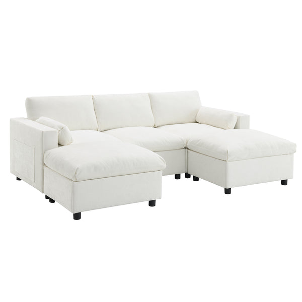 English Elm [video]86.5'' Chenille U-shaped Sectional with Dual Ottomans and Storage Pockets for Living Rooms White N723S7723A