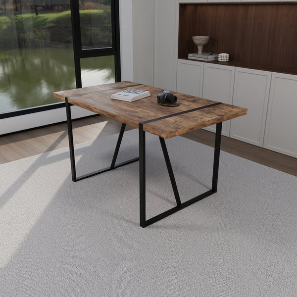 English Elm 55 Inch Industrial Farmhouse Dining Set with Mdf Top Four Pu Leather Cushion Chairs W2189S00935