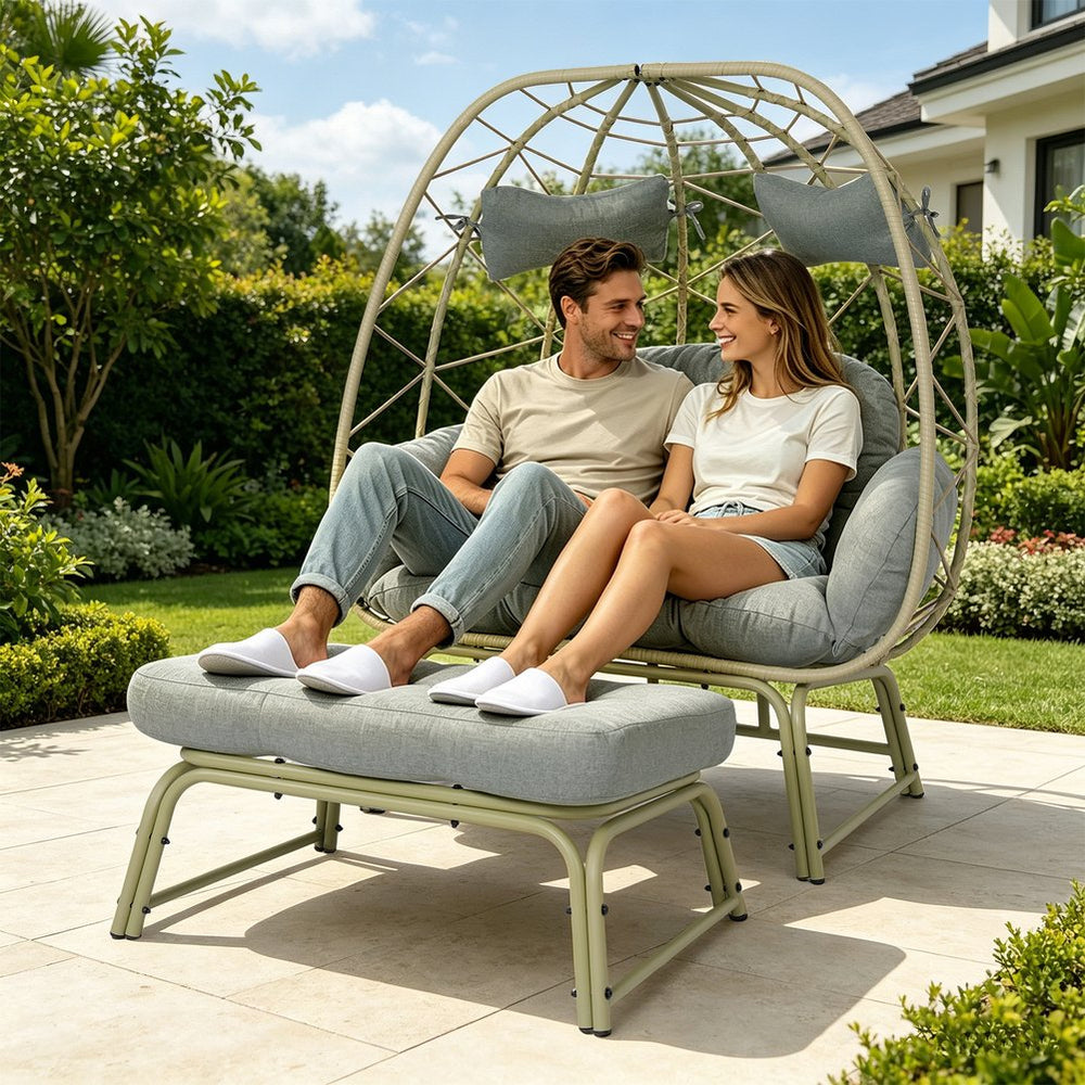 English Elm Double Wicker Egg Chair with Ottoman Bohemian Rattan Outdoor Lounge for Patio T5880P501482
