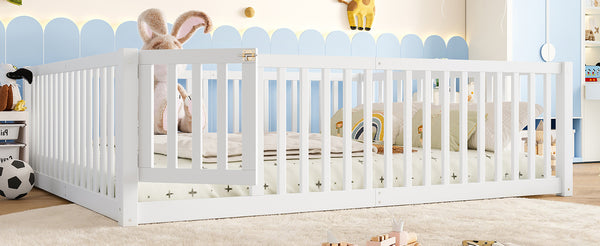 English Elm Queen Kids Floor Bed Pine Wood Frame with Safety Rails Door and Low Profile Design Light White W1580P417672
