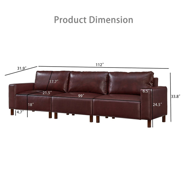 English Elm 112" Mid-century Faux Leather Three-seat Sofa with Rubberwood Legs for Living Room Burgundy W1097S00256