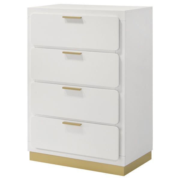 English Elm Modern four-drawer chest with sleek mid-century lines, smooth glides, wood construction, slim handles, versatile bedroom storage solution Gold,White 34.25 L x 21.26 W x 48.42 H B011P362582