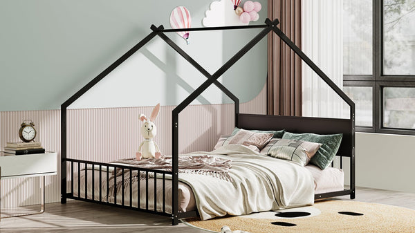 English Elm Twin House Bed Frame with Led Lights Iron Slats Low Profile Kids Bedroom W1820P234582