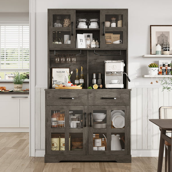 English Elm Pantry Hutch with Fluted Mdf Panels Charging Station Pegboard and Open Shelving T3773P416041